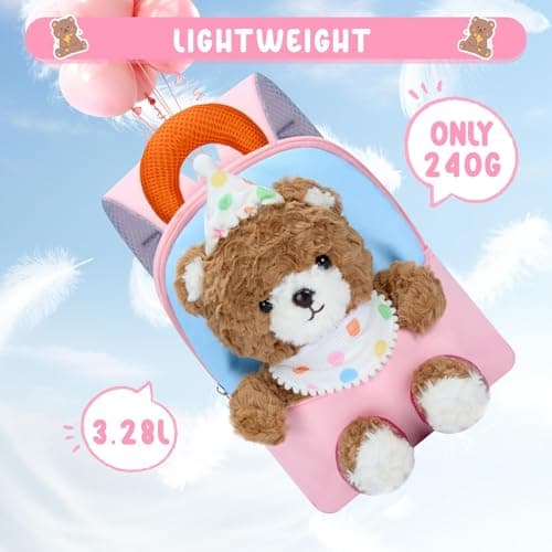 PROTAURI 1-4 Years Girls' Backpack, Nursery Backpack with Removable Plush Toy, Nursery Bag with Chest Strap, Perfect for Kindergarten, Travel Gifts, Plush Bear Design — view 3