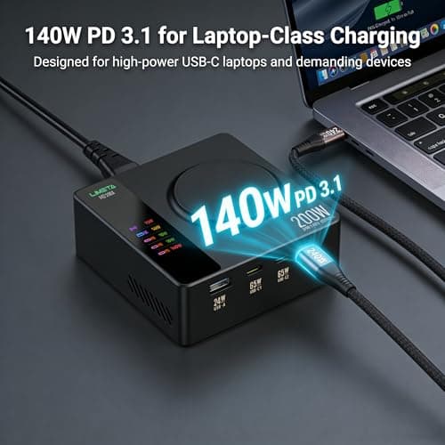 LIMETA MD200X 200W 5-in-1 Fast Charging Station with Display and Wireless Charger, Desktop Charger Hub Multi Port USB Plug UK Compatible with Laptop MacBook Pro 16, Dell XPS, iPhone 16 Pro, Galaxy S24 — view 2