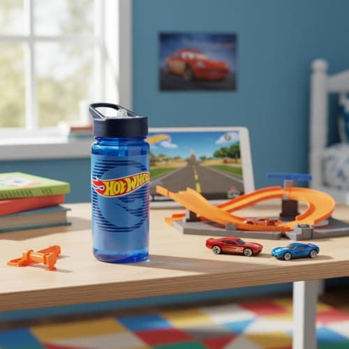 Hot Wheels Water Bottle 500ml Leak-Proof Flip-Top Bottle with Carry Handle BPA-Free, Removable Straw, Portable & Lightweight Ideal for Kids School, Sports & Travel, Blue — view 6