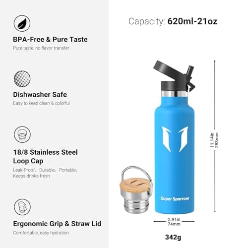 Super Sparrow Stainless Steel Water Bottle -620ml- Vacuum Insulated Metal Water Bottle - Standard Mouth Flask - BPA Free - Ideal Straw Water Bottle for Work, Gym, Travel, Sports — view 3