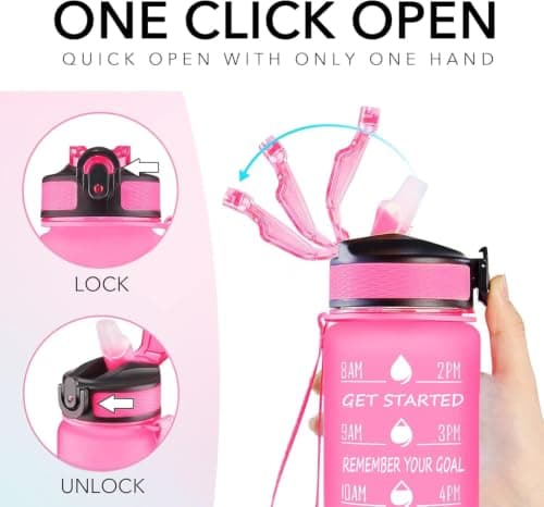 1L Water Bottle with Straw & Time Marker, BPA Free Leakproof Water Bottle, Reusable Sports Water Bottle with Carry Handle for Gym, Fitness, Cycling, School, Office & Outdoor, Pink & Blue — view 5