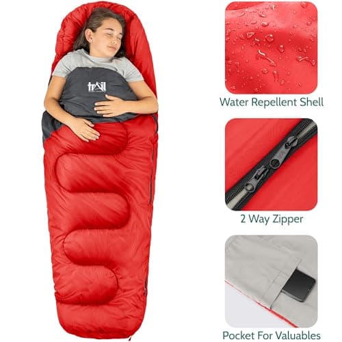 Trail Kids Sleeping Bag Mummy Shape 3 Season Camping 300gsm Boys Girls with Lightweight Rucksack Bag (Red) — view 5
