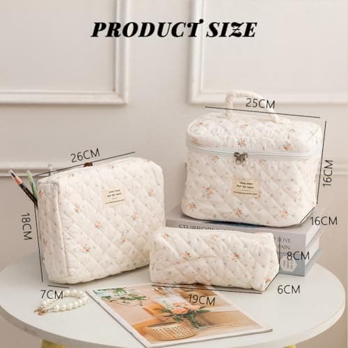 Aucuu 3PCS Coquette Makeup Bag, Quilted Makeup Bag for Women, Floral Cotton Cosmetic Bag Set, Large Capacity Aesthetic Floral Toiletry Bag, Travel Toiletry Bag, Wash Organizer Pouch for Women Girls — view 2