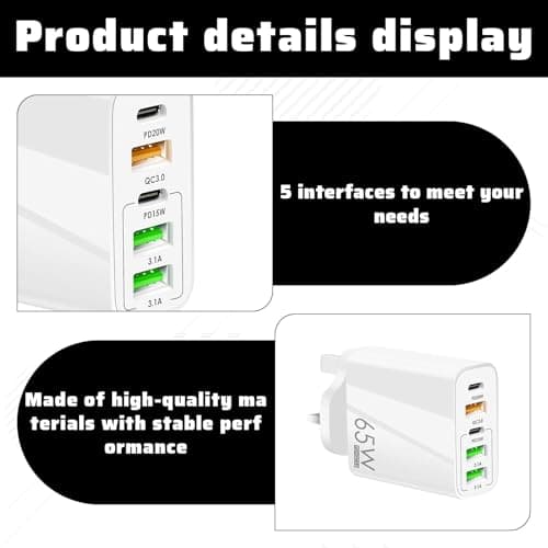 65W 5-Port USB Fast Charger,USB Plug Charger,65W Fast Charging,Wall Plug Multi Fast Charging Plug for Iphone/Samsung/Huawei/Tablet,Multi-Port Quick Charge Adapter (White) — view 3