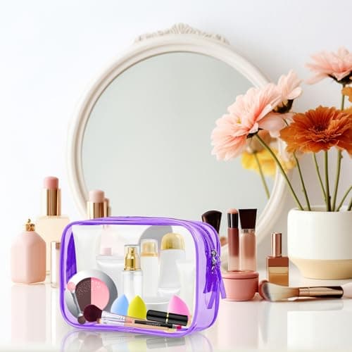 PLULON 2 Pack Clear Travel Toiletry Bag, TSA Approved Toiletry Bag Clear Makeup Bag Quart Size Portable Cosmetic Bags Carry on Travel Accessories Bag for Women Men - Purple — view 5