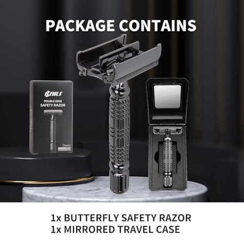 BAILI Butterfly Double Edge Safety Razor Reusable Manual Rust-proof Stainless DE Wet Shaving for Men Women with Mirrored Travel Case BD175C — view 6