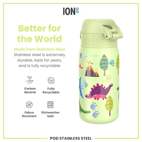 Ion8 Kids Water Bottle, Steel 400 ml/13 oz, Leak Proof, Easy to Open, Secure Lock, Dishwasher Safe, Flip Cover, Carry Handle, Easy Clean, Durable, Metal Water Bottle, Raised Print, Dinosaurs — view 5
