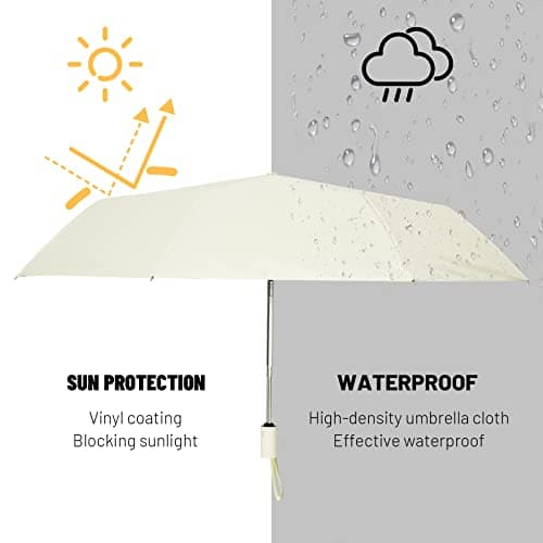 SY COMPACT Automatic Windproof Umbrellas Travel Strong Umbrella for Rain and Sun Protection Small Umbrella UV Blocking for Women and Men (Cream) — view 2