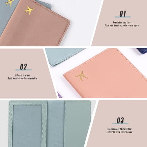 KYRINOVA 2 Pcs Passport Holder, PU Leather Travel Document Holder, Portable Passport Wallet for Travelers Business Cards Tickets (Light Blue Pink) — view 5