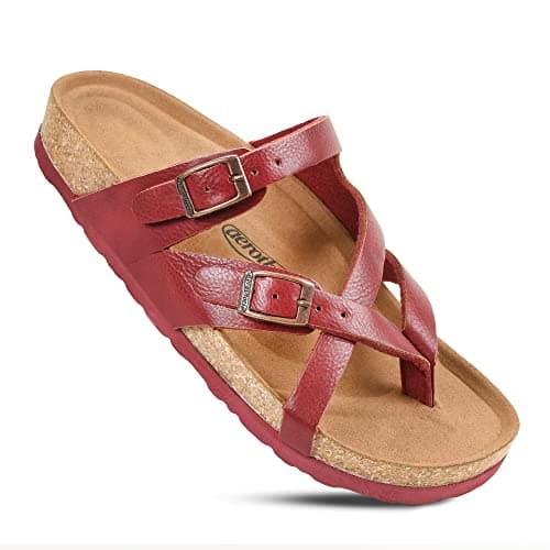 AEROTHOTIC Recovery Slides for Women Comfortable Memory Foam Cork Footbed Cute Faux Leather Adjustable Buckle Straps Walking Travel Outdoor women sandals, Celestis Wine Red, 5.5 UK