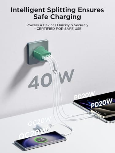 USB C Plug,40W 4-Port Fast USB C Charger Plug Dual Port PD Power Adapter + QC Mains Wall Chargers Type C Charger Plug for iPhone 16 15 14 13 12 Pro Max 8, Samsung — view 2