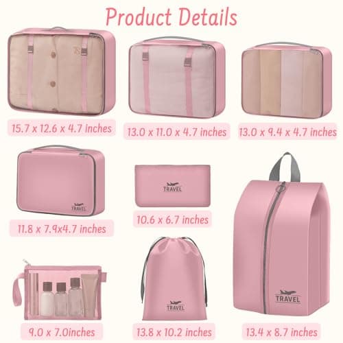 MOFELON 8PCS Packing Cubes for Suitcase, Travel Luggage Organisers for Backpack, Waterproof Suitcase Organiser Bags, Travel Essentials Accessories - pink — view 2
