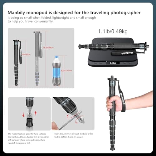 Manbily A-555L Monopods for Cameras 40cm - 155cm Camera Monopod Walking Stick with Handle Portable Compact Travel Monopod Aluminum Selfie Stick 6 Sections 7KG for DSLR Video Camcorder Stand (Grey) — view 3