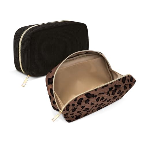 NANDADEVI Corduroy Makeup Bags with Metal Zipper, Travel Cosmetic Organizers, Toiletry Stationery Bags (Black+Leopard Brown, 2PCS)