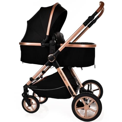 Baby Pram Pushchair Buggy Stroller 3 in 1 Child Lightweight Folding Stroller 3 in 1 Travel System Pram for Newborns Toddlers from Birth Aluminum (Black - Rose Gold Frame) — view 3