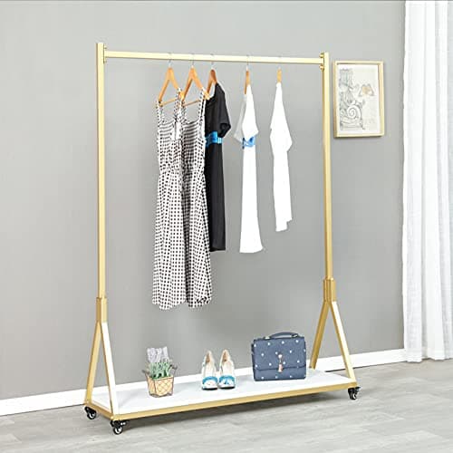 Ethemiable Clothes Store Simple Rolling Garment Rack with Wheels,Storage Shoe Bag Clothing Display Stands,Office Organization Shelf,Home Dress Hanging Shelves（Gold with Wood Board, 47.2" L）