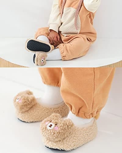 FedMois 3 Pairs Baby Boys Girls Non-Skid Indoor Fuzzy Slipper Shoes Socks Winter Warm, Pink, Grey and Beige, 12-18 Months — view 2