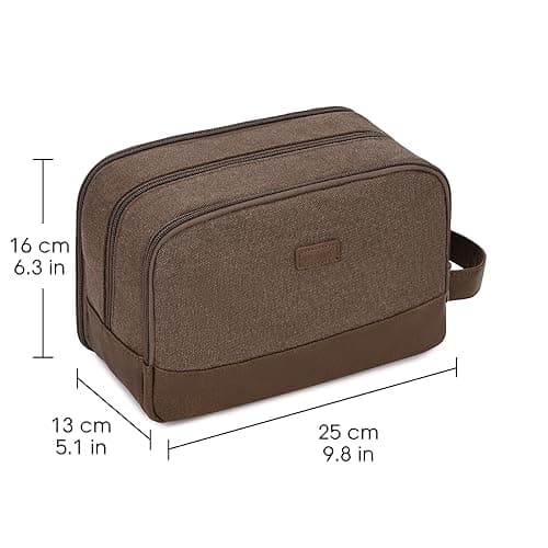 WANDF Toiletry Bag for Men, Travel Wash Bag with Handle, Water-Resistant Canvas Shaving Organiser, SBS Metal Zipper Dopp Kit for Makeup Bathroom Gym (Brown) — view 6