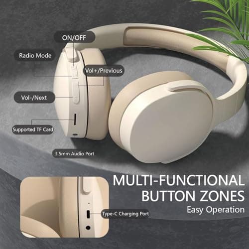 YiYunTE Headphones Wireless Bluetooth Over Ear Headphones Noise Cancelling On Ear Headphones Over Head Wired Headphones with Microphone Jack Foldable Headphone Beige Headset for Gaming Gym PC Laptop — view 2