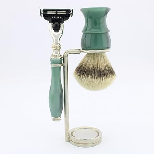 Haryali London, 3 Pcs Wet Shaving Set, 3 Edge Shaving Razor with Synthetic Silver Tip Shaving Brush & Shaving Stand – Luxury Men’s Grooming Kit for Wet Shave – Limited Edition Green Color — view 3