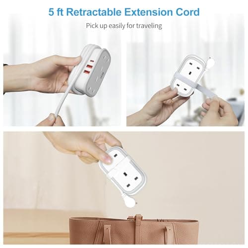 UK to US Plug Adapter with 1.5M Extension Cable, BEVA 2 Way 3 USB (2A+1C) Travel Adapter with Retractable USB C Cable for American, Thailand, Canada, Mexico, Type B — view 6