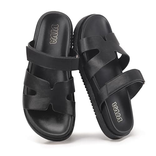 VIVASHOES Women’s Chunky Flat Sandals with Adjustable Strap - Lightweight Slide Sandals for Ladies - Minimalist Summer Sandals for Casual Holiday Beach Walking Wear - Black UK 5
