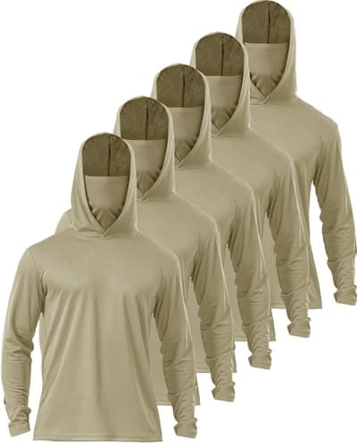 5 Pack Mens Hoodie Shirts Sun Protection Lightweight Quick Dry Rash Guard with Face Mask for Outdoor Fishing Active Wear, 5pc-khaki, Large