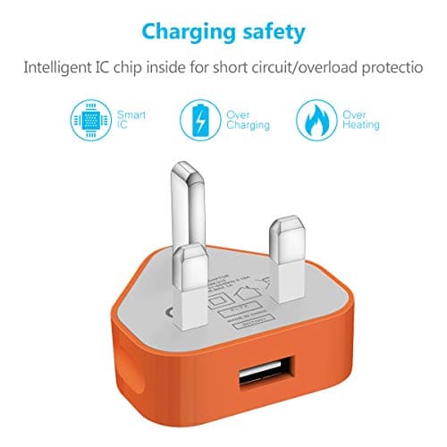 SLTX UK 3 Pin Plug USB Mains Charger Adapter, 1AMP 1000mAh Fast Speed Universal Travel USB Wall Charger USB Socket Devices (Orange) — view 5