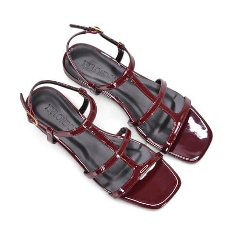 ESSEX GLAM Women's Flat Sandals Ladies Strappy Ankle Strap Buckle Caged Burgundy Patent Synthetic Leather Square Toe Shoes Size 7 — view 6
