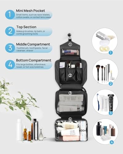 Carttiya Hanging Travel Toiletry Bag - Large Wash Bag for Men and Women, Waterproof Foldable Cosmetic Bag Make up Toiletry Bag with Hook for Business Trip, Gym, Vacation and Household (Black) — view 3