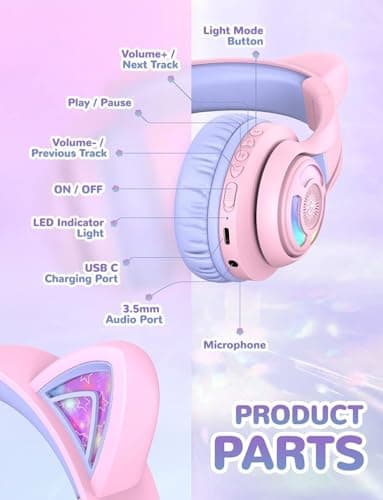 iClever BTH13 Kids Headphones Wireless Girls LED Cat Ear Travel Gift — view 5