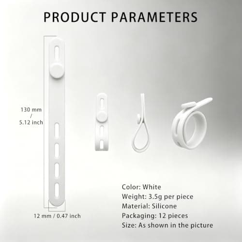 12 Pack Silicone Cable Ties, Reusable Adjustable Cable Straps, White — view 2