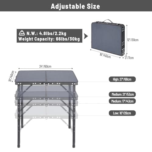 REDCAMP 2ft Small Camping Table, Aluminum Folding Adjustable Height，Grey — view 3