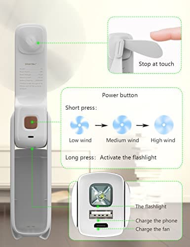 LETSCOL Handheld Mini Fan, 3 in 1 Hand Held Cooling Device, Portable and Personal with Power Bank & Flashlight, Foldable for Travel, Desk, Makeup (White) — view 5
