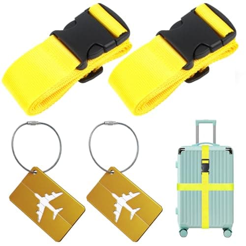 Luggage Strap (2 Pack), with 2 Luggage Tags, Custom Identification, Travel Bag Closure, For Connecting Luggage Together, Yellow