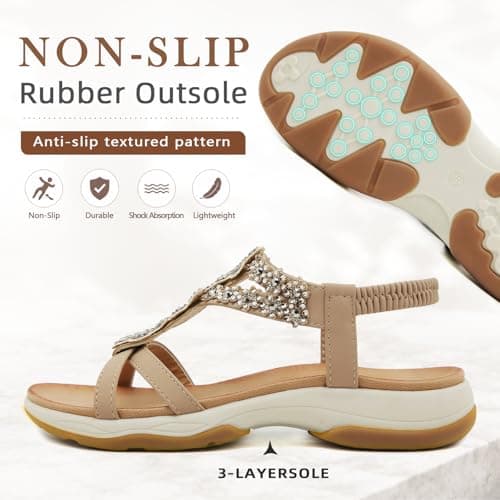 ZDQ Sandals for Women Summer Ladies Bohemian Flat Sandals with Rhinestone Comfortable Arch Support Slip On Holiday Sandals Beige 6.5 — view 5