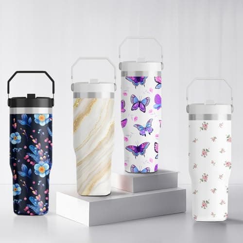 FOLAI Leakproof Flip Water Tumbler,30oz Stainless Steel Hot and Cold Water Bottle with Ergonomic Handle and Straw Keeps Cold For 12+ Hours,Ideal for Gym,Car,Beach-Easy to Carry Travel Mug(Floral) — view 5