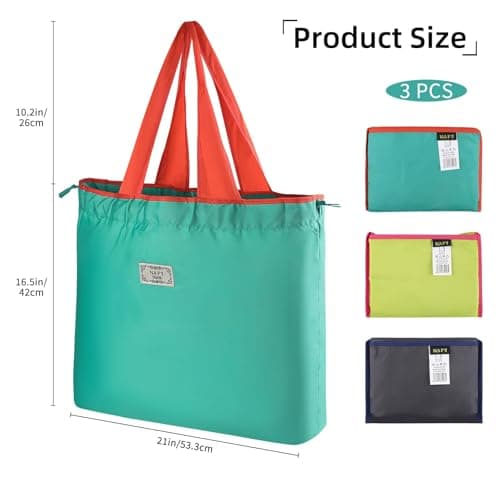 Nexlynk 3Pcs Foldable Reusable Shopping Bags 42x53 cm, Large Waterproof Tote Drawstring Shopper Washable Nylon Grocery Bags for Travel Beach Daily Use Women Mom (Turquoise, Light green, Dark grey) — view 4