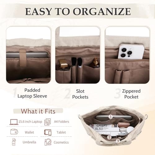 Kasgo Corduroy Tote Bag for Women, XXL 15.6" Laptop Work College Bag, Beige — view 3