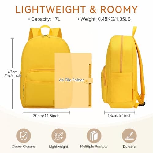 VASCHY School Backpack, Lightweight Bookbag Schoolbag for Boys Girls Casual Basic Simple Rucksack Daypack for Women Yellow — view 2