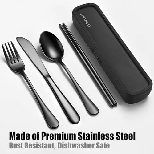 Travel Cutlery Set with Case, Stainless Steel Camping Utensils, Reinforced Case with Snap-Lock Closure, Include Fork Spoon Knife Chopsticks, Portable Lunch Box Silverware for Picnic Office, Black — view 2