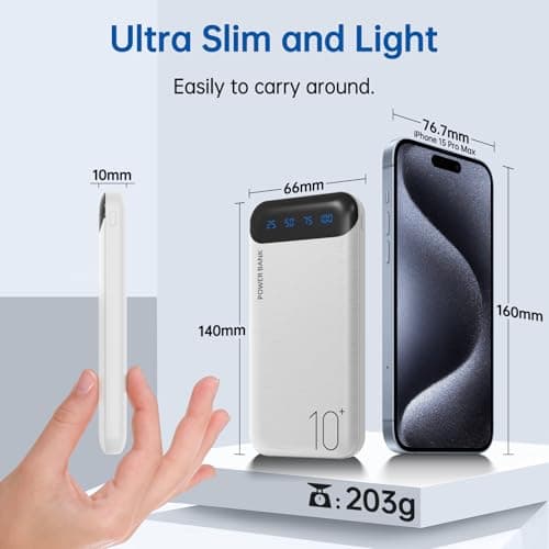 Portable Charger 10000mAh Slim USB C Input and Output Power Bank with LED Display Lightweight External Battery Pack Compatible for iPhone 14/13/12, iPad, Samsung etc. (white) — view 6
