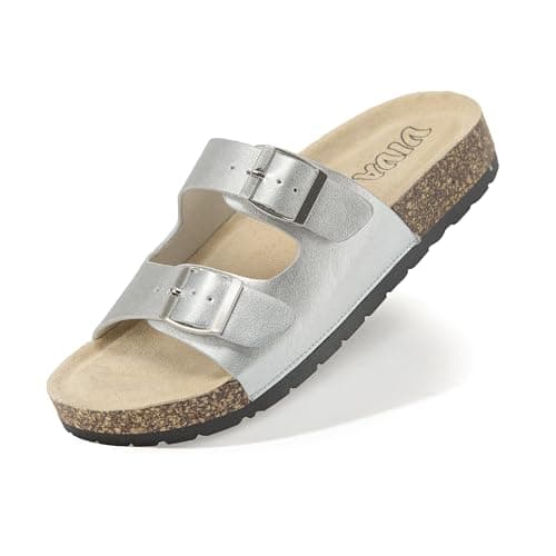 VIVASHOES Women’s Double Buckle Cork Footbed Sandals - Adjustable Flat Slide Sandals for Ladies - Comfortable Open Toe Summer Slippers - Silver Metallic UK 5 — view 2