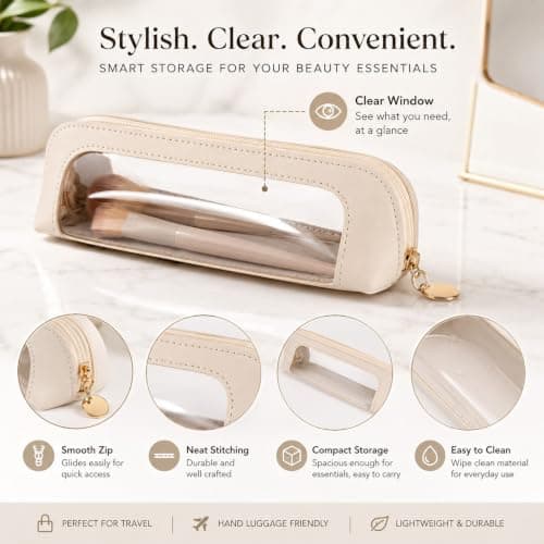 Small Clear Makeup Bag, PU Leather Travel Makeup Brush Case | Portable Transparent Waterproof Cosmetic Organizer Pouch with Zipper for Women Home Travel Office Cosmetic Storage (White) — view 6