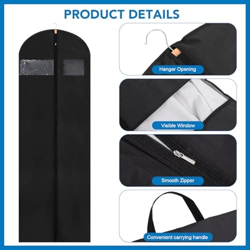 Dntorx 2PCS Long Dress Bags Covers PEVA Wedding Dress Bags 71in, Black — view 3