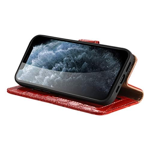 nincyee Genuine Leather Wallet Case for iPhone 13,Classic Crocodile Pattern Real Leather Flip Stand Case Cover with Card Slot Red — view 4