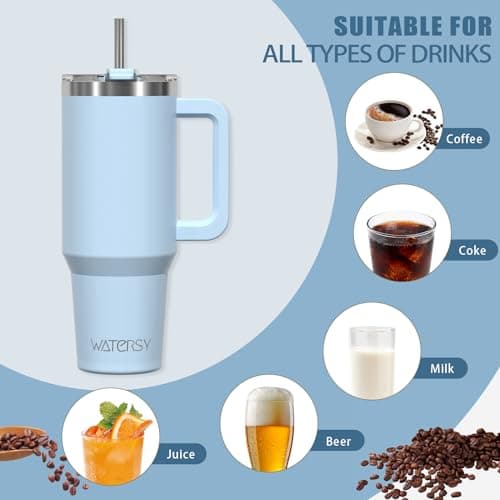WATERSY Travel Mug Coffee Cup 40oz Tumbler Straw Lid and Handle, Stainless Steel Double Wall Vacuum Insulated Coffee Water Bottle Thermal for Cold Hot Coffee 1182ml Blue — view 4