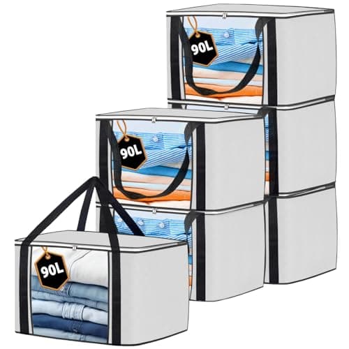 KURNI Storage Bags | Clothes Organizer Boxes, Foldable 6 Pack White, 90L Capacity, 3 Sided Zipper Moving Large Bag. Dust & Moisture Proof