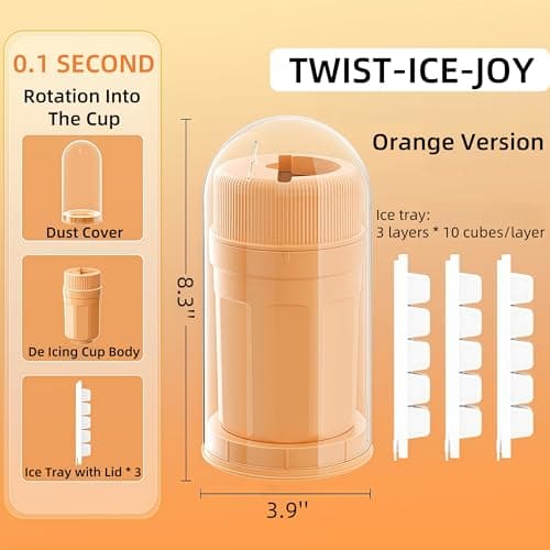 Twist-Ice-Joy Reusable Ice Maker Kit with 3 Stackable Lidded Trays & Dust Cover - One-Twist Release Technology, Universal 2.1" Cup Adapter for Most Cups, Odor-Proof Freezer Storage(Orange) — view 5