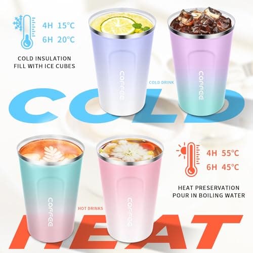 MOMSIV Coffee Cup, 380ml Vacuum Reusable Leakproof Double Wall Coffee Cup, Insulation Stainless Steel Eco-Friendly Travel Office Mug for Hot Coffee Tea and Cold Drinks, Green-Pink — view 5